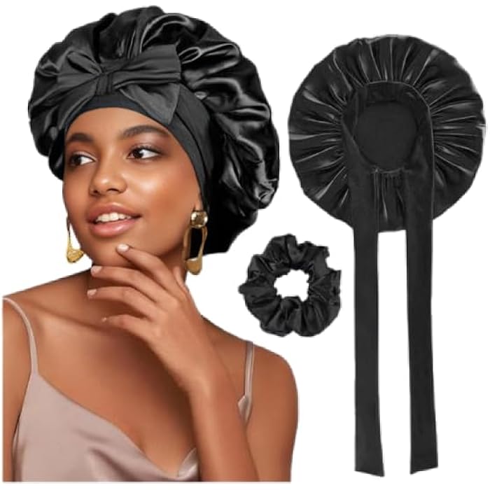Silk Hair Bonnet Braided One Layer with Satin Toukka Gift Black - Image 1